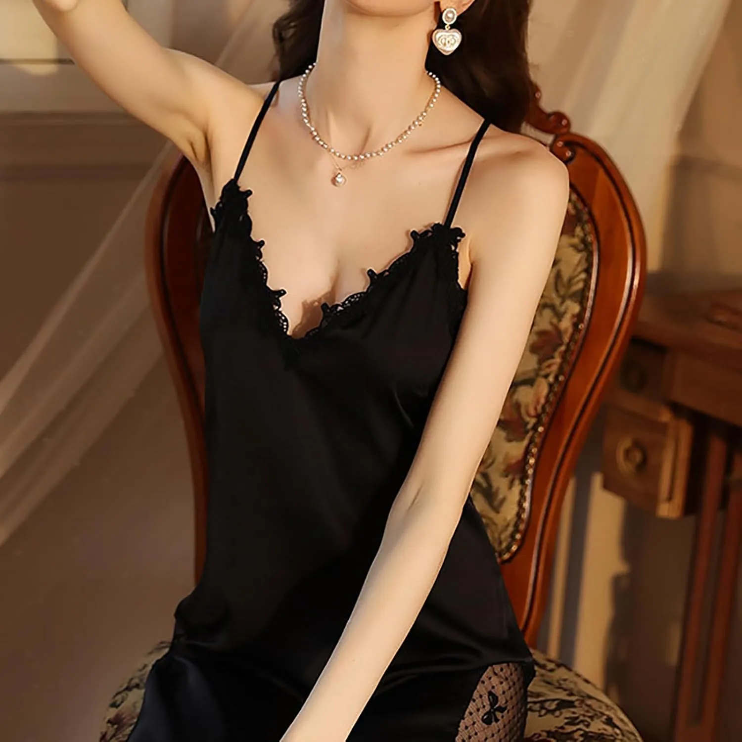 Women's Satin Pajamas Dress Lace Patchwork Nightgown Long Bathrobe Suspender Sleepwear Thin Nightwear Soft Loungewear