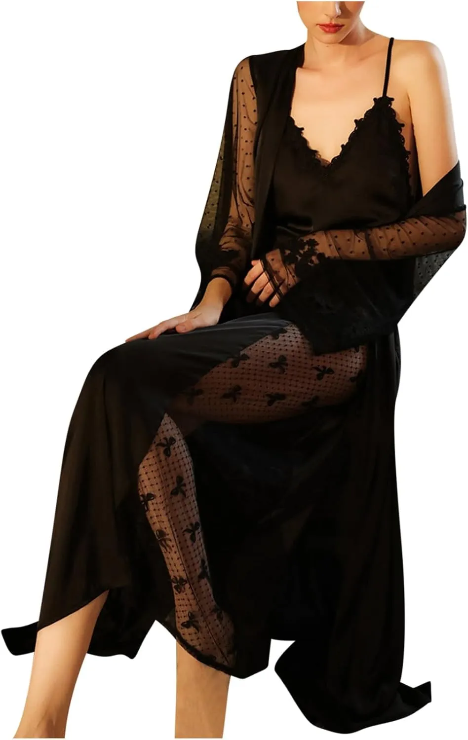 Women's Satin Pajamas Dress Lace Patchwork Nightgown Long Bathrobe Suspender Sleepwear Thin Nightwear Soft Loungewear