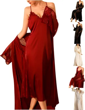 Women's Satin Pajamas Dress Lace Patchwork Nightgown Long Bathrobe Suspender Sleepwear Thin Nightwear Soft Loungewear
