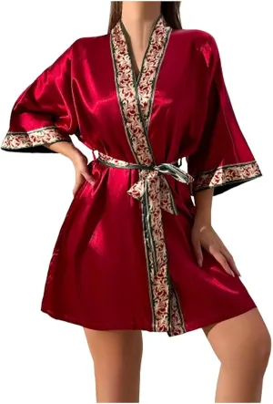 Womens Satin Silk Pajamas Elegant Temperament Nightgowns with Belted Casual Robes Soft Cozy Lightweight Loungewear