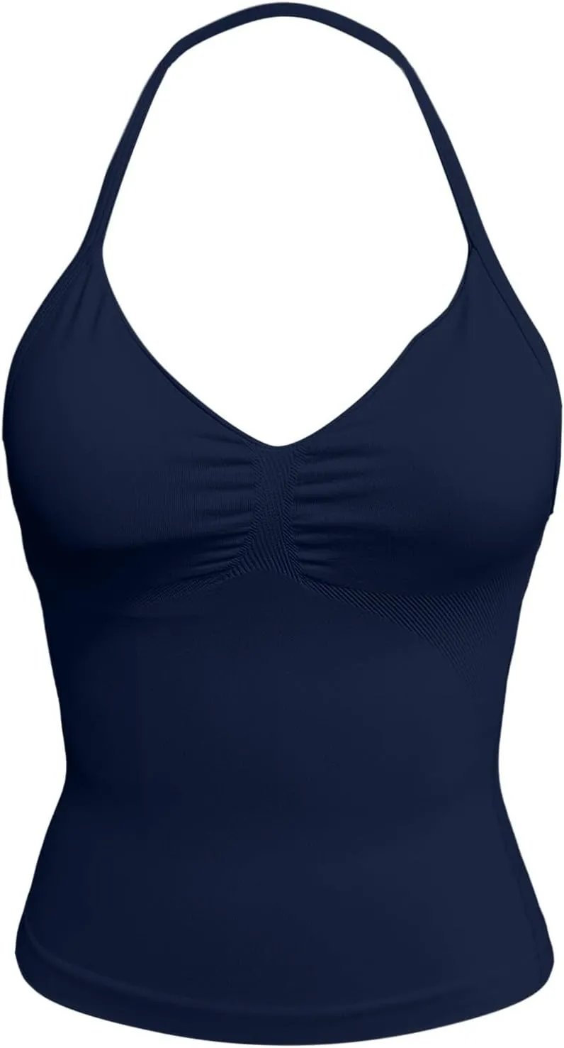 Women's Seamless Sports Halter Tops Deep V Neck Padded Sports Yoga Crop Cami Racer Back Slim Fit Elastic Vest