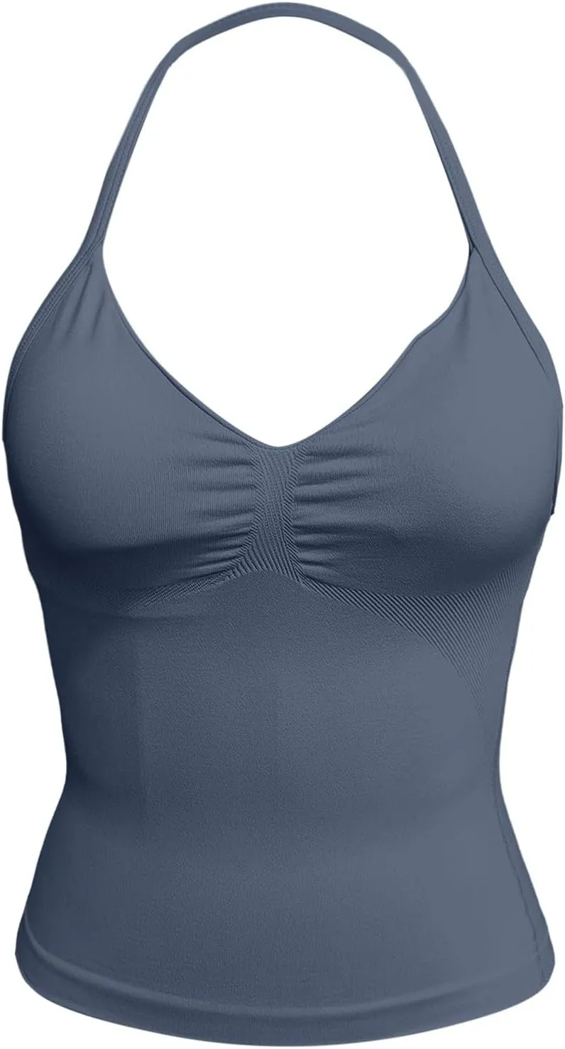 Women's Seamless Sports Halter Tops Deep V Neck Padded Sports Yoga Crop Cami Racer Back Slim Fit Elastic Vest