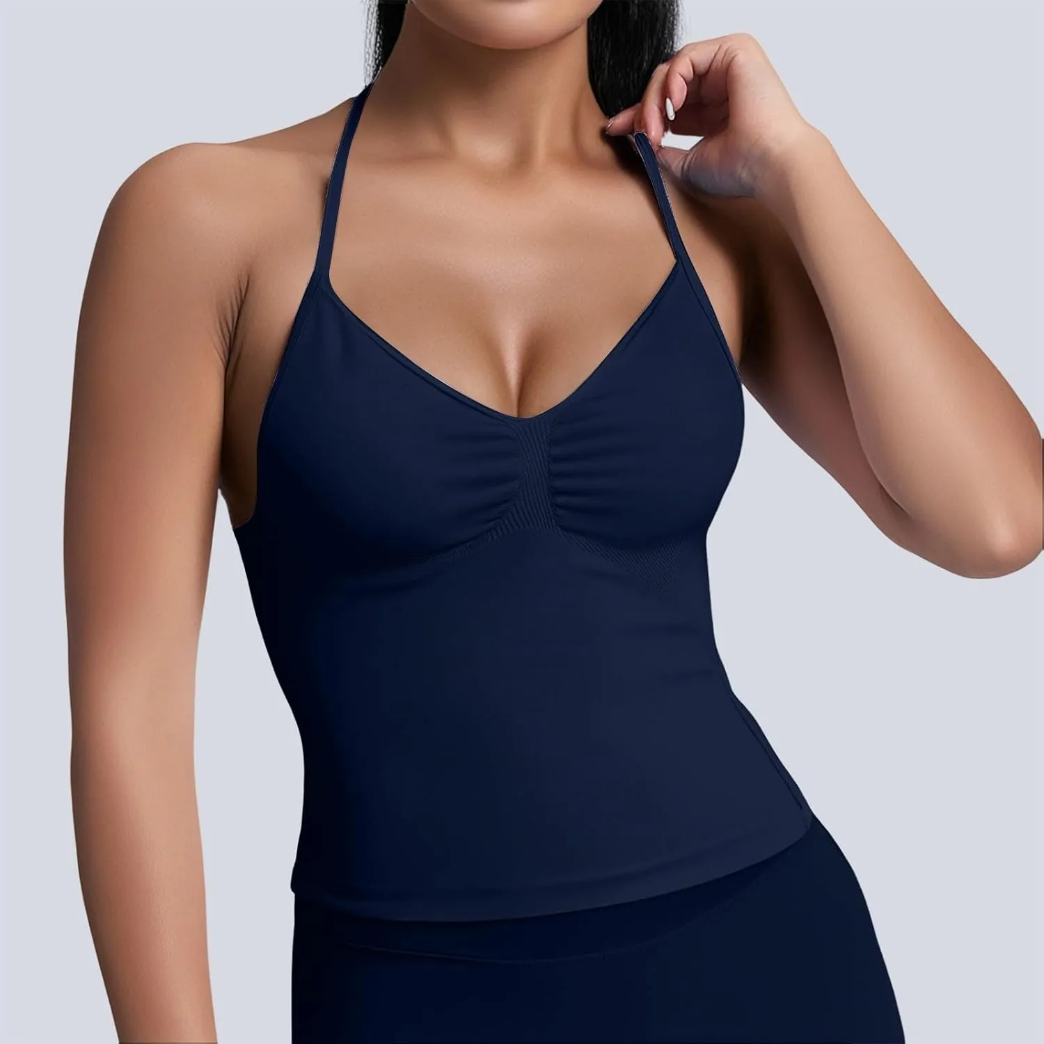 Women's Seamless Sports Halter Tops Deep V Neck Padded Sports Yoga Crop Cami Racer Back Slim Fit Elastic Vest
