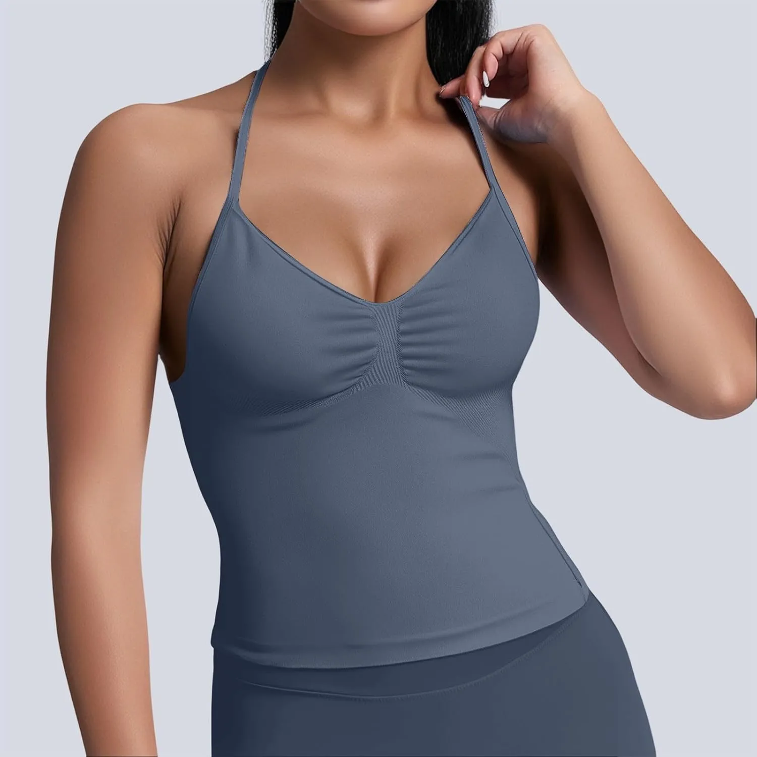 Women's Seamless Sports Halter Tops Deep V Neck Padded Sports Yoga Crop Cami Racer Back Slim Fit Elastic Vest