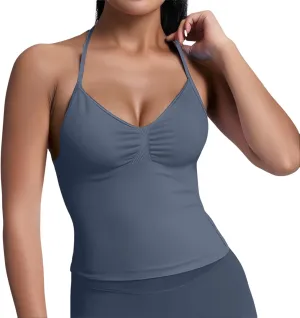 Women's Seamless Sports Halter Tops Deep V Neck Padded Sports Yoga Crop Cami Racer Back Slim Fit Elastic Vest