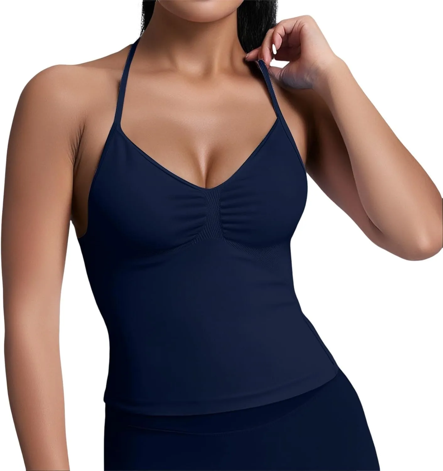 Women's Seamless Sports Halter Tops Deep V Neck Padded Sports Yoga Crop Cami Racer Back Slim Fit Elastic Vest