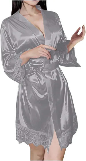 Women's Sexy Nightgown Lace Trim Bathrobe Sleepwear Silk Robes Satin Casual Loungewear Soft Comfy Kimono Lingerie