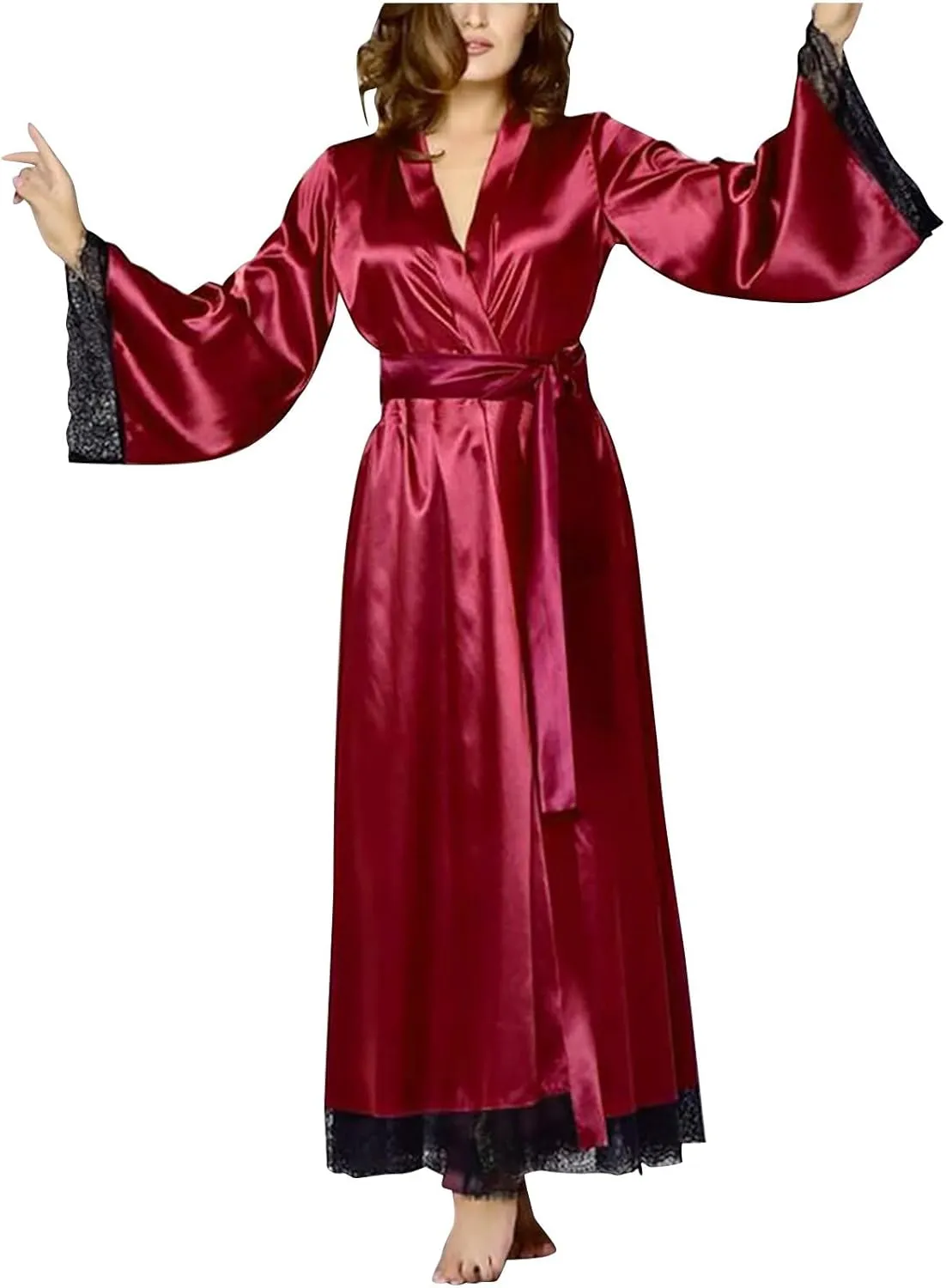 Women's Sexy Satin Robe Sheer Mesh Long Sleeve Silky Robes Nightgown V Neck Bath Kimono Bathrobe Sleepwear