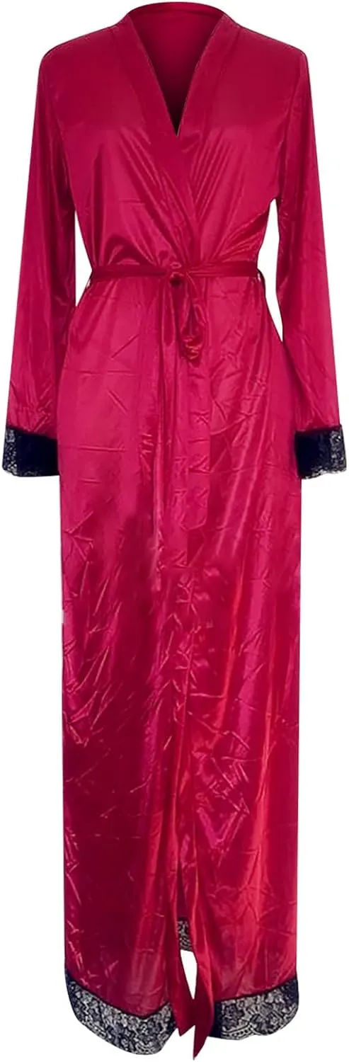 Women's Sexy Satin Robe Sheer Mesh Long Sleeve Silky Robes Nightgown V Neck Bath Kimono Bathrobe Sleepwear