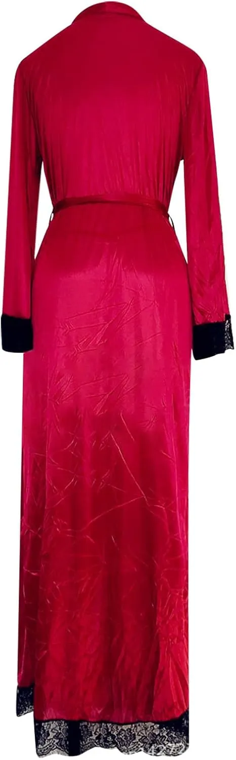 Women's Sexy Satin Robe Sheer Mesh Long Sleeve Silky Robes Nightgown V Neck Bath Kimono Bathrobe Sleepwear