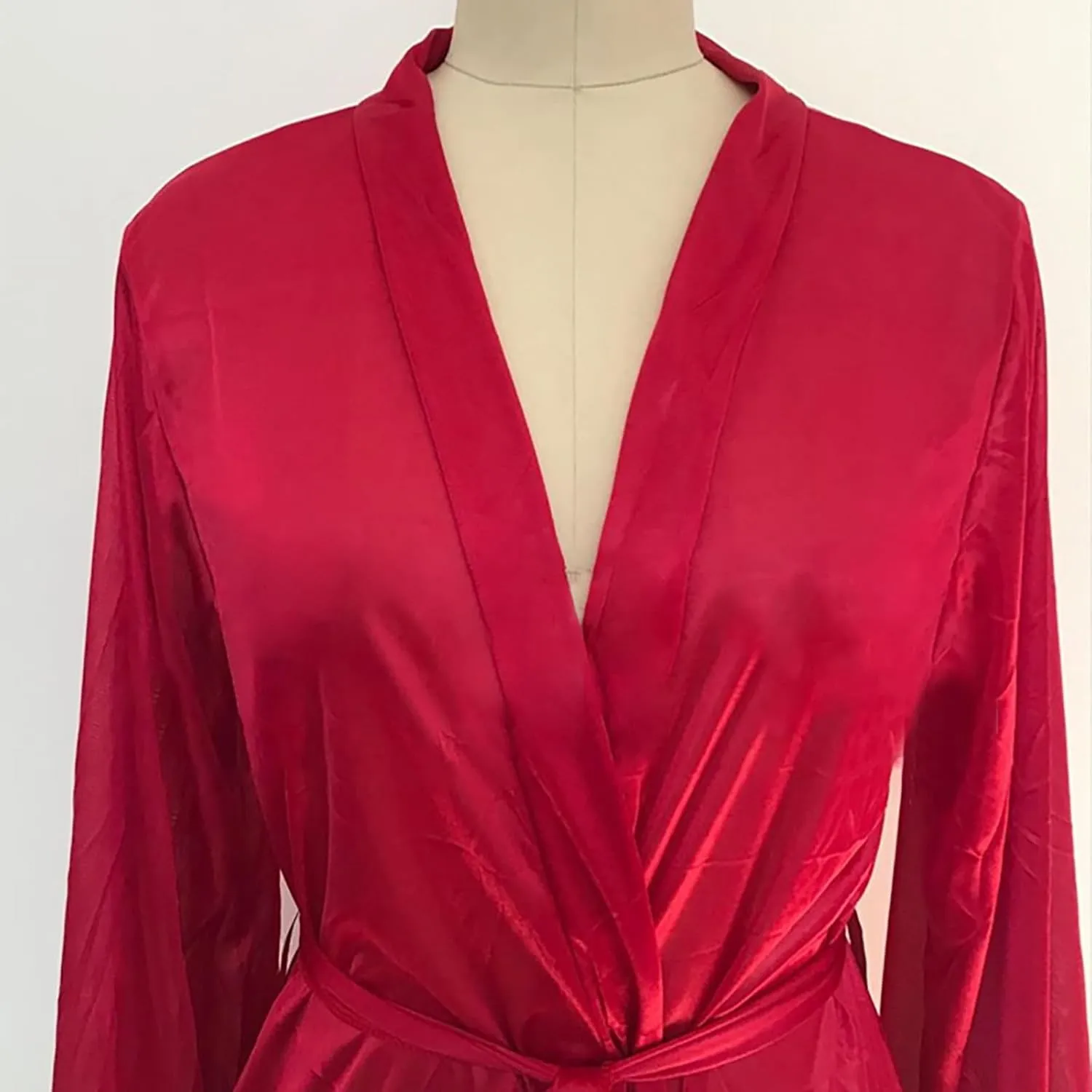 Women's Sexy Satin Robe Sheer Mesh Long Sleeve Silky Robes Nightgown V Neck Bath Kimono Bathrobe Sleepwear