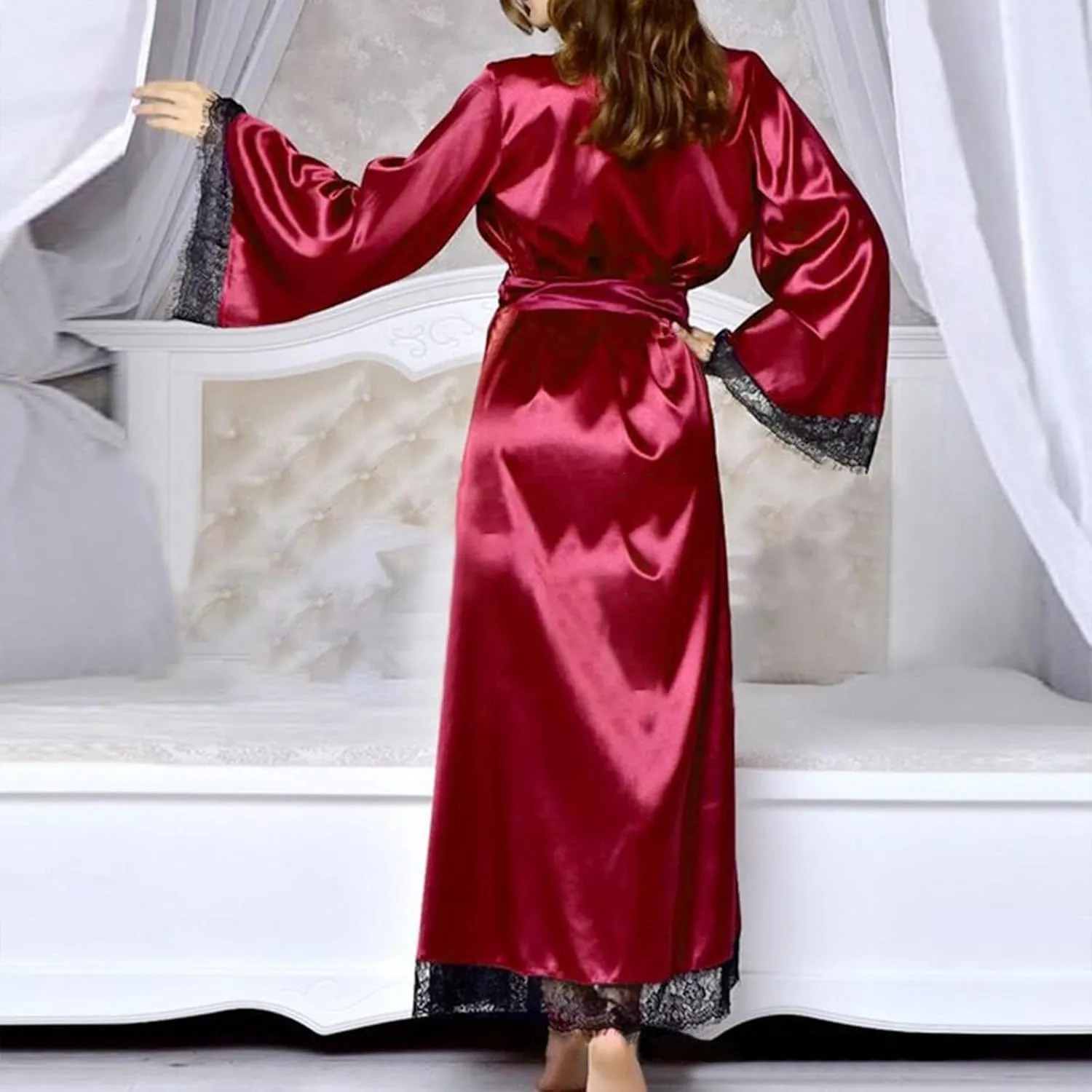 Women's Sexy Satin Robe Sheer Mesh Long Sleeve Silky Robes Nightgown V Neck Bath Kimono Bathrobe Sleepwear