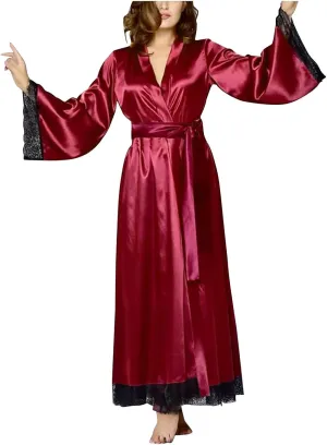 Women's Sexy Satin Robe Sheer Mesh Long Sleeve Silky Robes Nightgown V Neck Bath Kimono Bathrobe Sleepwear