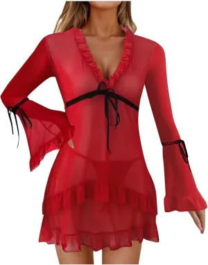 Women's Sheer Mesh Nightgown Sexy Ruffle V Neck Long Sleeve Mini Babydoll Chemise Lingerie with Panty 2Pcs Sleepwear