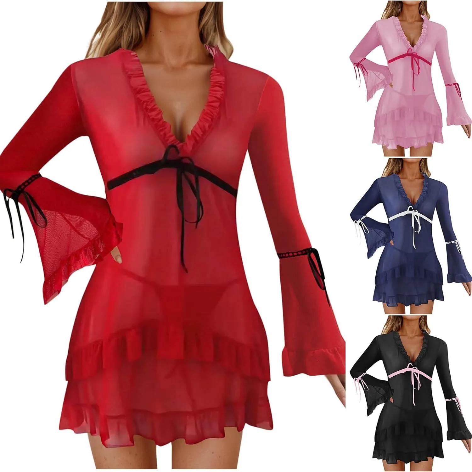 Women's Sheer Mesh Nightgown Sexy Ruffle V Neck Long Sleeve Mini Babydoll Chemise Lingerie with Panty 2Pcs Sleepwear