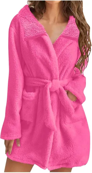Womens Short Hooded Plush Robe, Soft Cozy Warm Fleece Bathrobe Midi Length House Coat Nightgown Winter Sleepwear