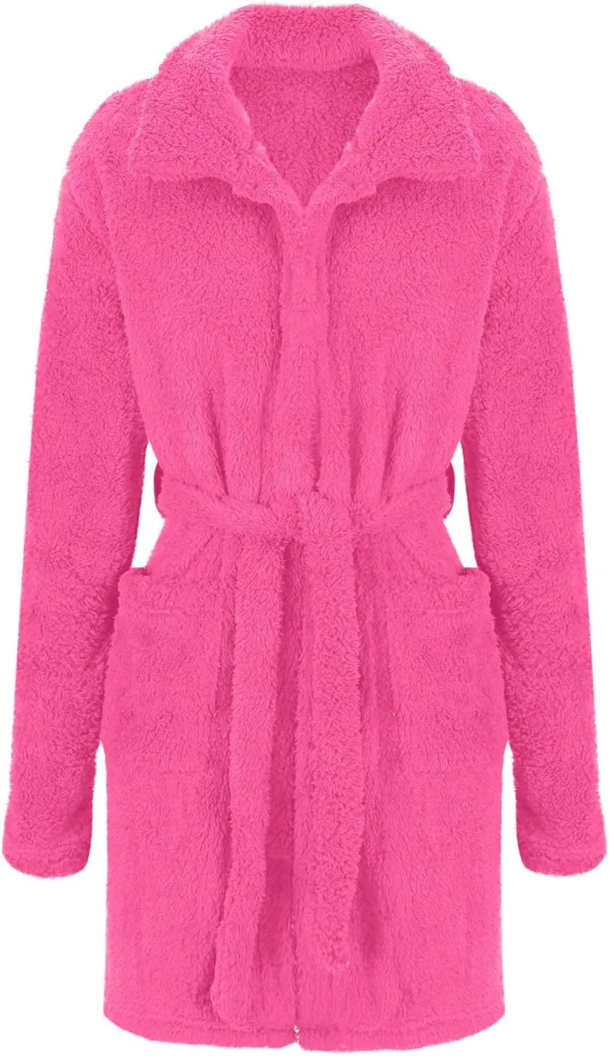 Womens Short Hooded Plush Robe, Soft Cozy Warm Fleece Bathrobe Midi Length House Coat Nightgown Winter Sleepwear