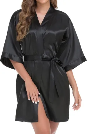Women's Short Kimono Robe Silky Satin Bathrobe Bride Bridesmaids Getting Ready Sleepwear Leopard Print Nightgowns