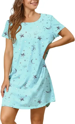 Womens Short Sleeve Striped Printing Sleepshirt Scoop Neck Cute Nightdress Comfy Nightgown Dress Nightgowns for Women