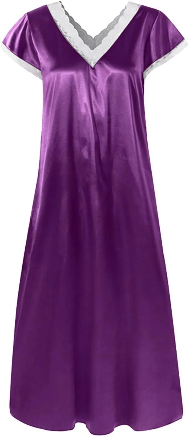 Womens Short Sleeve V Neck Homewear Pajamas Long Dress Nightgowns for Women Sleepwear Plus Size Slik Sleepdress