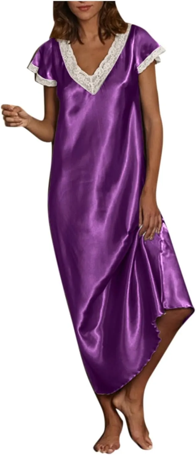 Womens Short Sleeve V Neck Homewear Pajamas Long Dress Nightgowns for Women Sleepwear Plus Size Slik Sleepdress