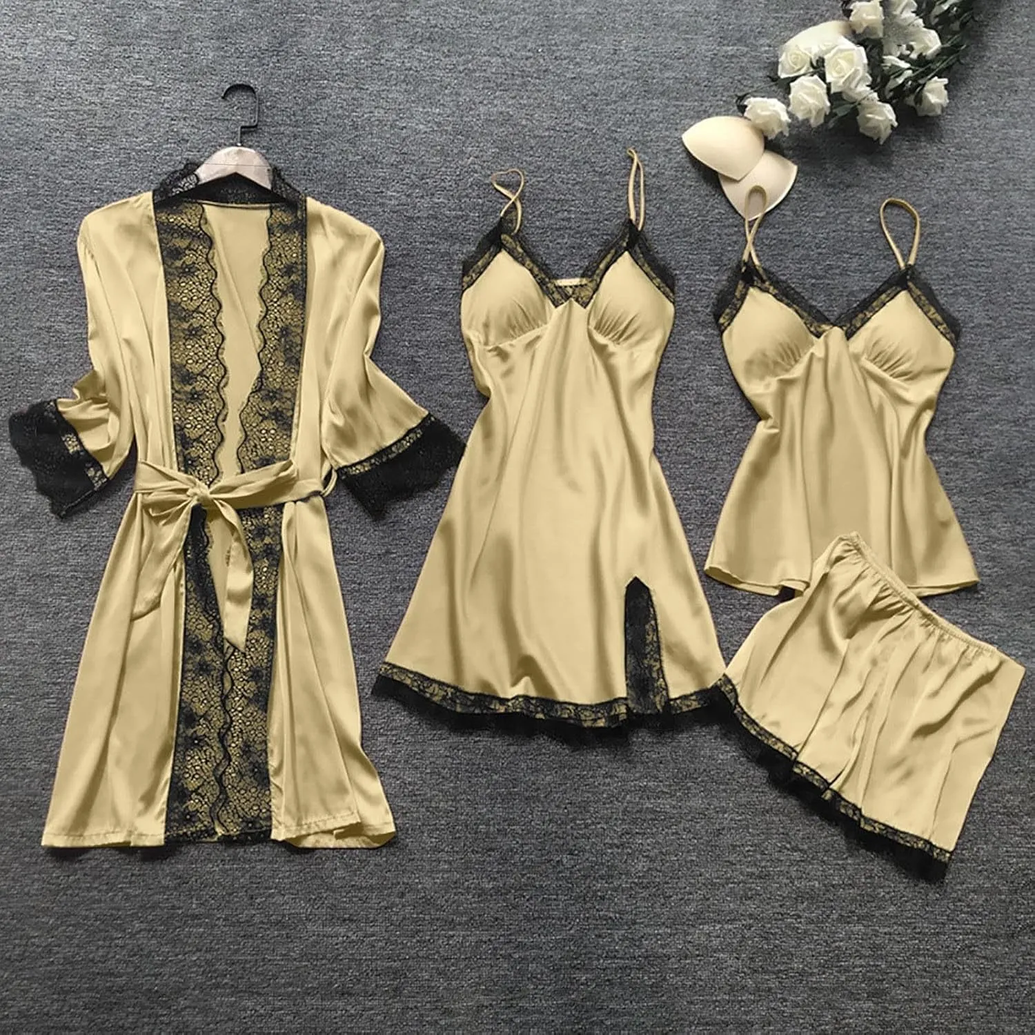 Women's Silk Lingerie Pajamas 4 Piece Set Lace-Trim Belted Robe Camisole Dress Sleepshirts Shorts Suit Sexy Sleepwear
