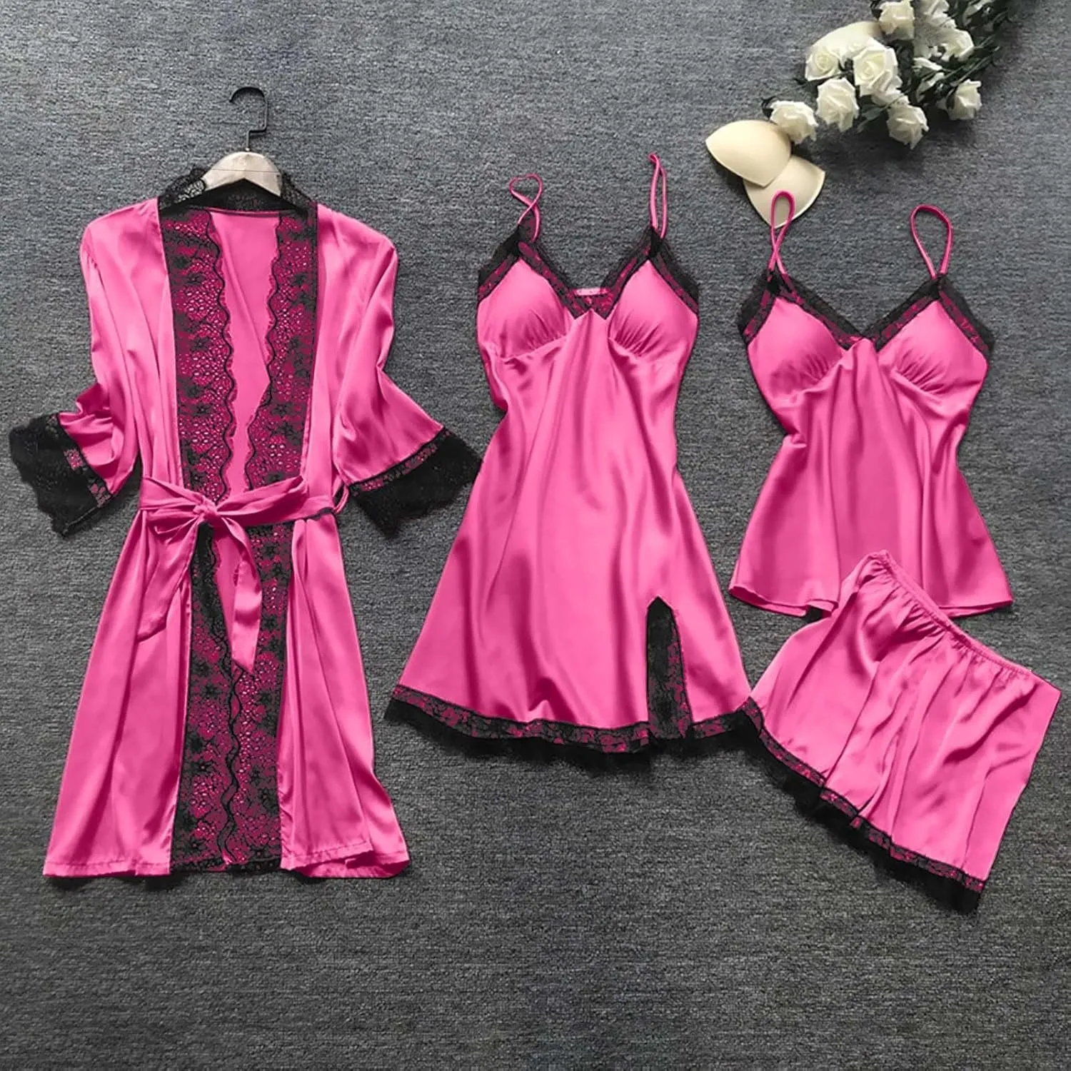 Women's Silk Lingerie Pajamas 4 Piece Set Lace-Trim Belted Robe Camisole Dress Sleepshirts Shorts Suit Sexy Sleepwear
