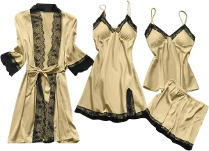 Women's Silk Lingerie Pajamas 4 Piece Set Lace-Trim Belted Robe Camisole Dress Sleepshirts Shorts Suit Sexy Sleepwear