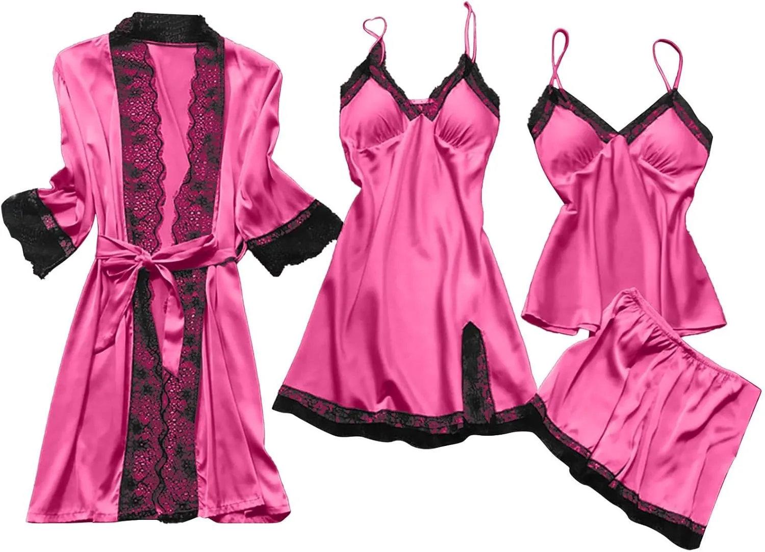 Women's Silk Lingerie Pajamas 4 Piece Set Lace-Trim Belted Robe Camisole Dress Sleepshirts Shorts Suit Sexy Sleepwear