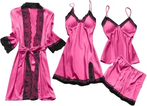 Women's Silk Lingerie Pajamas 4 Piece Set Lace-Trim Belted Robe Camisole Dress Sleepshirts Shorts Suit Sexy Sleepwear