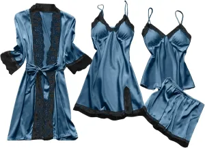 Women's Silk Lingerie Pajamas 4 Piece Set Lace-Trim Belted Robe Camisole Dress Sleepshirts Shorts Suit Sexy Sleepwear