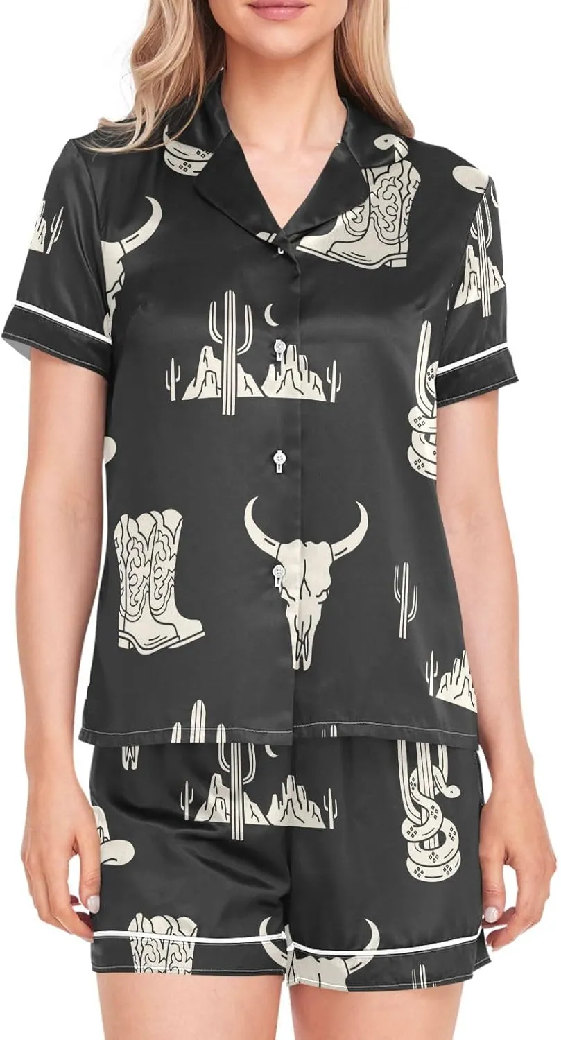Womens Silk Satin Pajamas Set Western Theme Womens Short Sleeve Shorts Set 2 Piece Sleepwear Lounge Set S-XXL