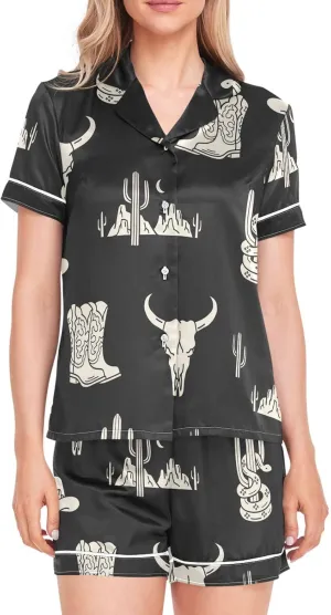 Womens Silk Satin Pajamas Set Western Theme Womens Short Sleeve Shorts Set 2 Piece Sleepwear Lounge Set S-XXL