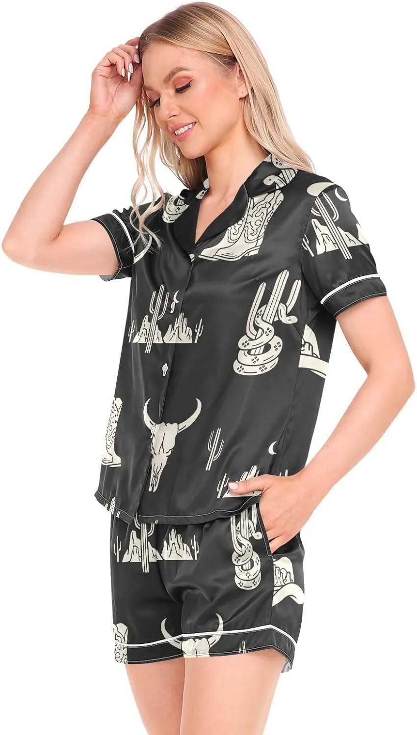 Womens Silk Satin Pajamas Set Western Theme Womens Short Sleeve Shorts Set 2 Piece Sleepwear Lounge Set S-XXL