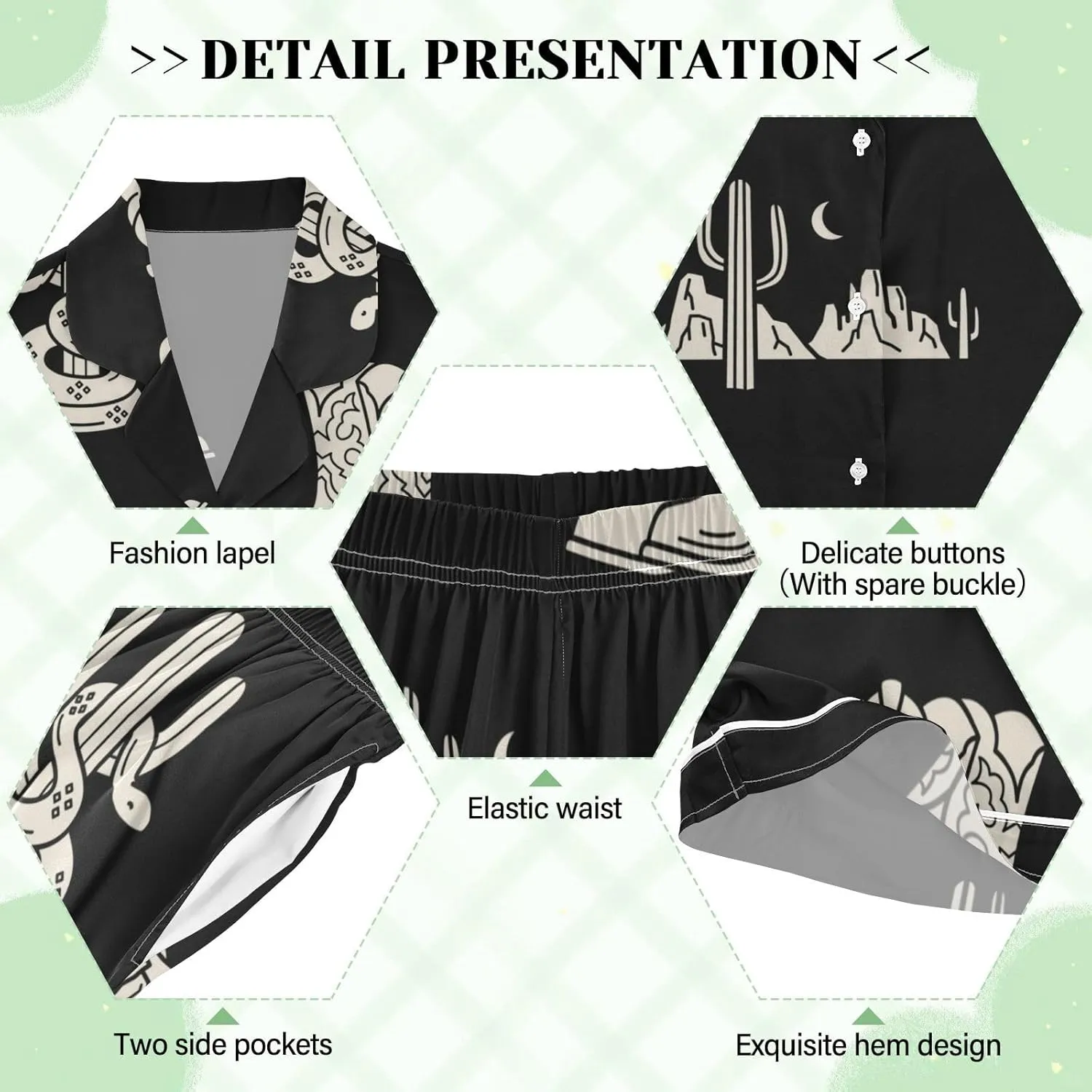 Womens Silk Satin Pajamas Set Western Theme Womens Short Sleeve Shorts Set 2 Piece Sleepwear Lounge Set S-XXL