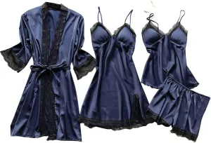 Womens Silk Sleepwear 4 Piece Set Lace-Trim Pajamas Belted Robe Camisole Dress Sleepshirts Shorts Set Sexy Nightgowns