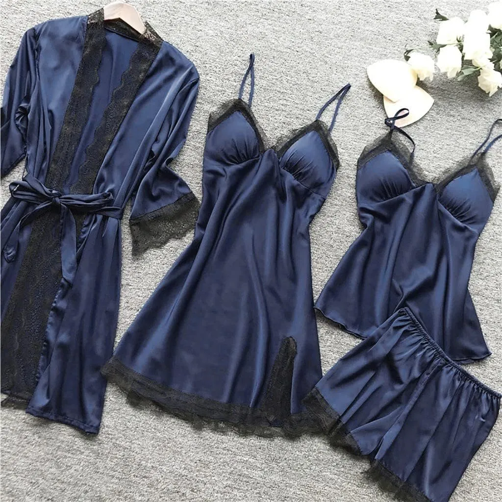 Womens Silk Sleepwear 4 Piece Set Lace-Trim Pajamas Belted Robe Camisole Dress Sleepshirts Shorts Set Sexy Nightgowns