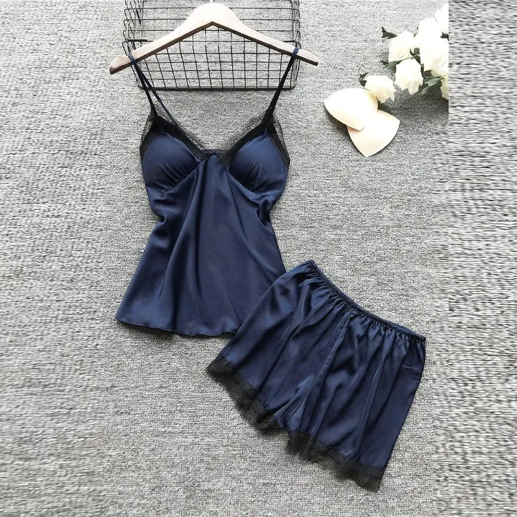 Womens Silk Sleepwear 4 Piece Set Lace-Trim Pajamas Belted Robe Camisole Dress Sleepshirts Shorts Set Sexy Nightgowns