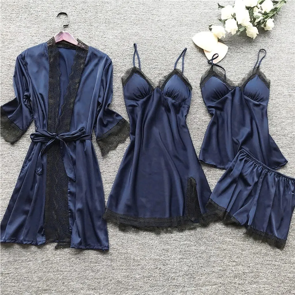 Womens Silk Sleepwear 4 Piece Set Lace-Trim Pajamas Belted Robe Camisole Dress Sleepshirts Shorts Set Sexy Nightgowns