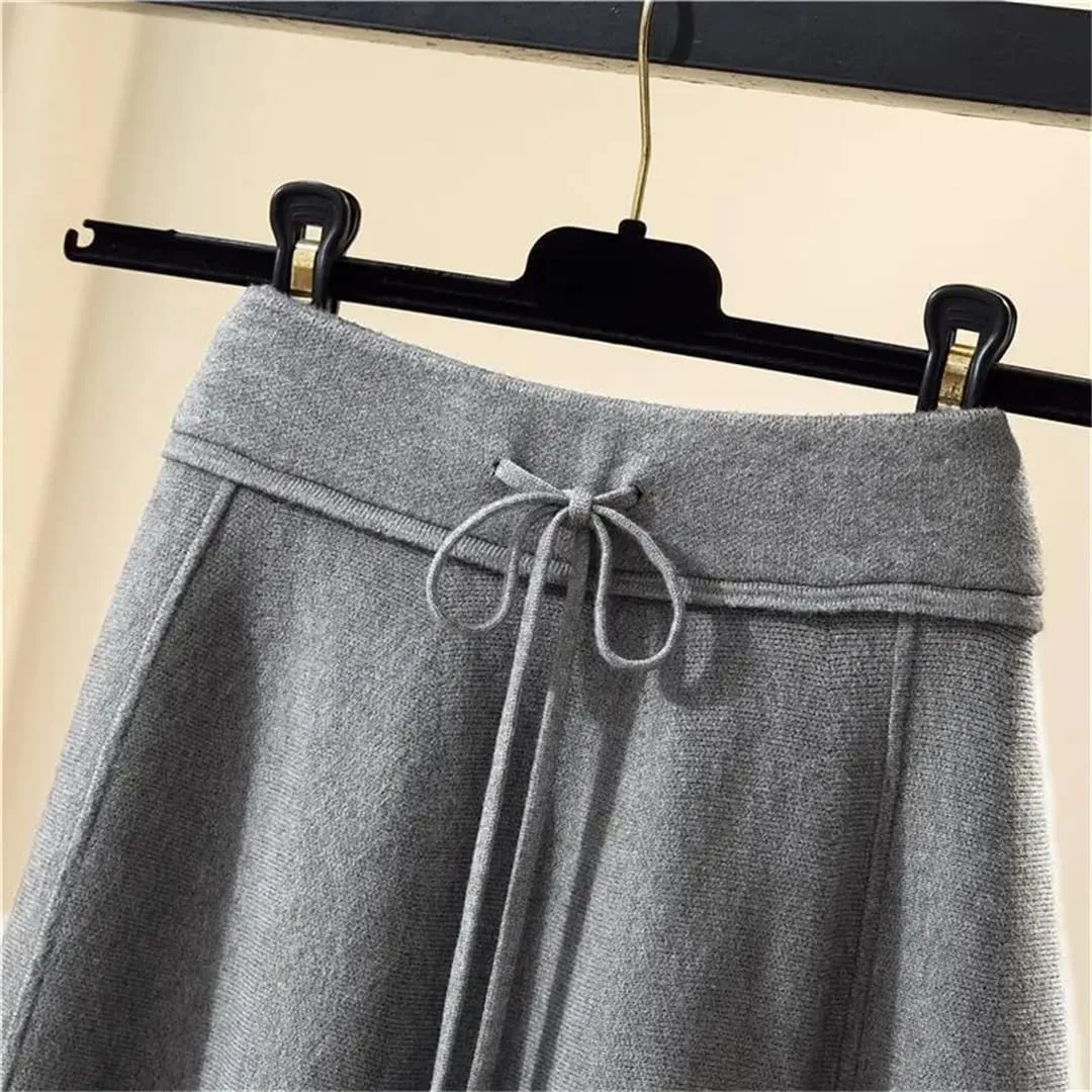 Women's Solid Color Knitted Skirt Stretch High Waist Lace-Up Pleated A-Line Midi Skirts