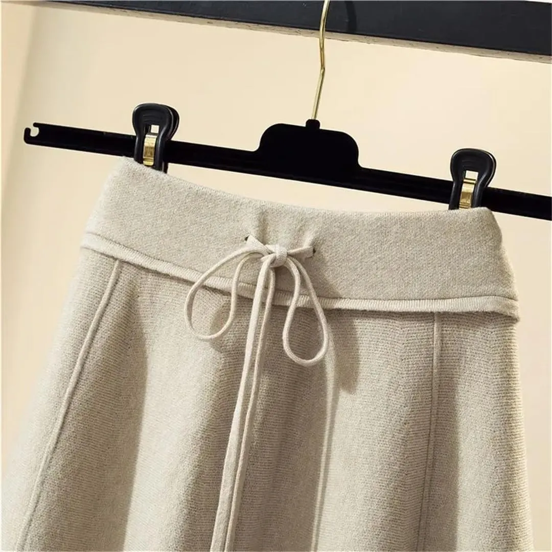 Women's Solid Color Knitted Skirt Stretch High Waist Lace-Up Pleated A-Line Midi Skirts