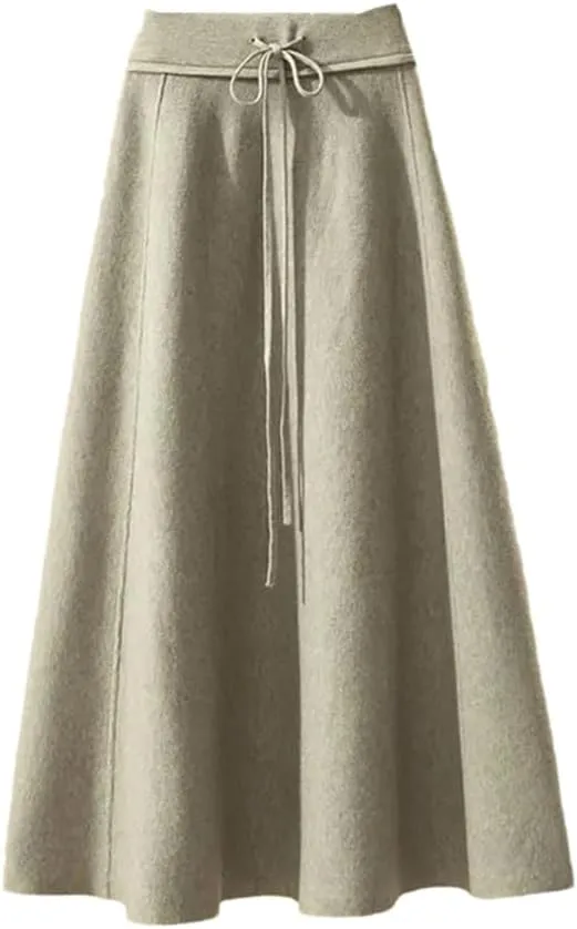 Women's Solid Color Knitted Skirt Stretch High Waist Lace-Up Pleated A-Line Midi Skirts