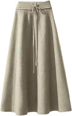 Women's Solid Color Knitted Skirt Stretch High Waist Lace-Up Pleated A-Line Midi Skirts