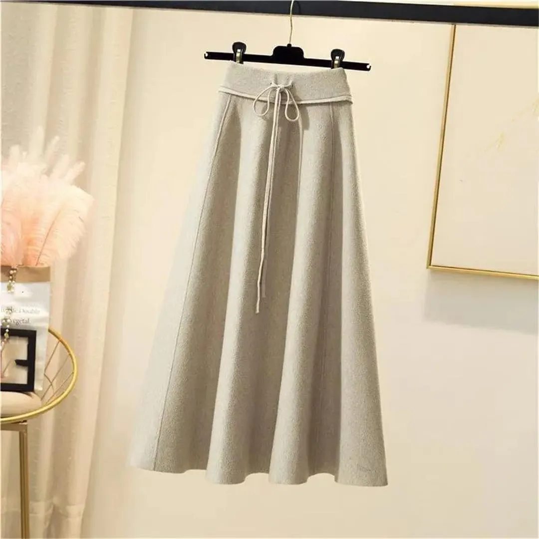Women's Solid Color Knitted Skirt Stretch High Waist Lace-Up Pleated A-Line Midi Skirts