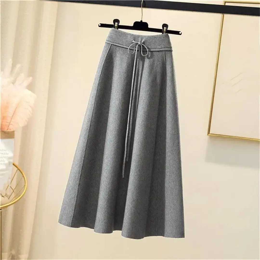 Women's Solid Color Knitted Skirt Stretch High Waist Lace-Up Pleated A-Line Midi Skirts