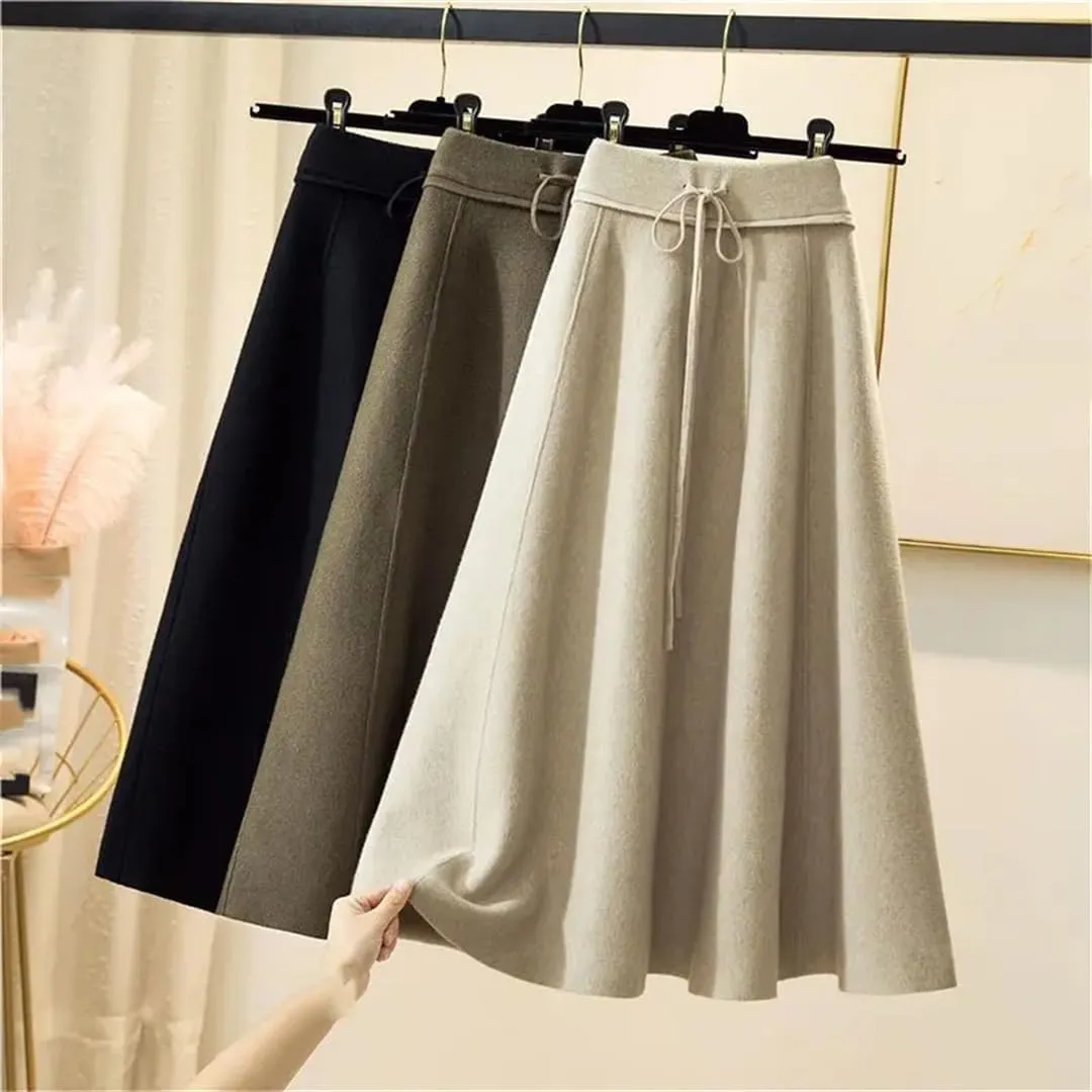 Women's Solid Color Knitted Skirt Stretch High Waist Lace-Up Pleated A-Line Midi Skirts