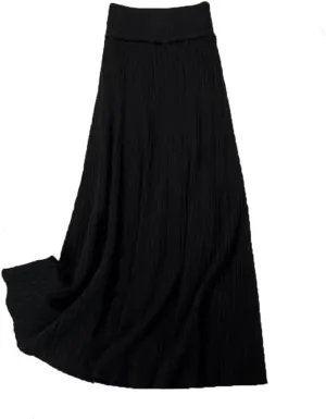 Women's Solid Color Pleated Knit Skirt Stretch High Waist A-Line Office Midi Skirts