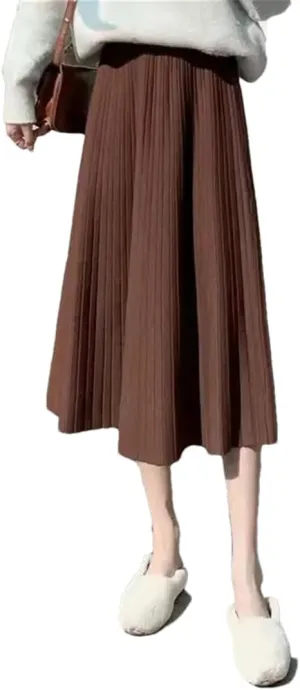 Women's Solid Color Pleated Knit Skirt Stretch High Waist A-Line Office Midi Skirts