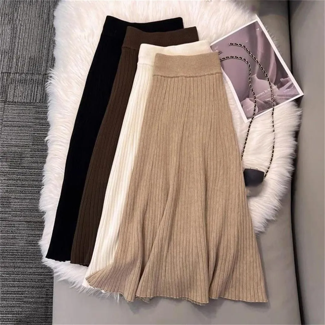 Women's Solid Color Pleated Knit Skirt Stretch High Waist A-Line Office Midi Skirts