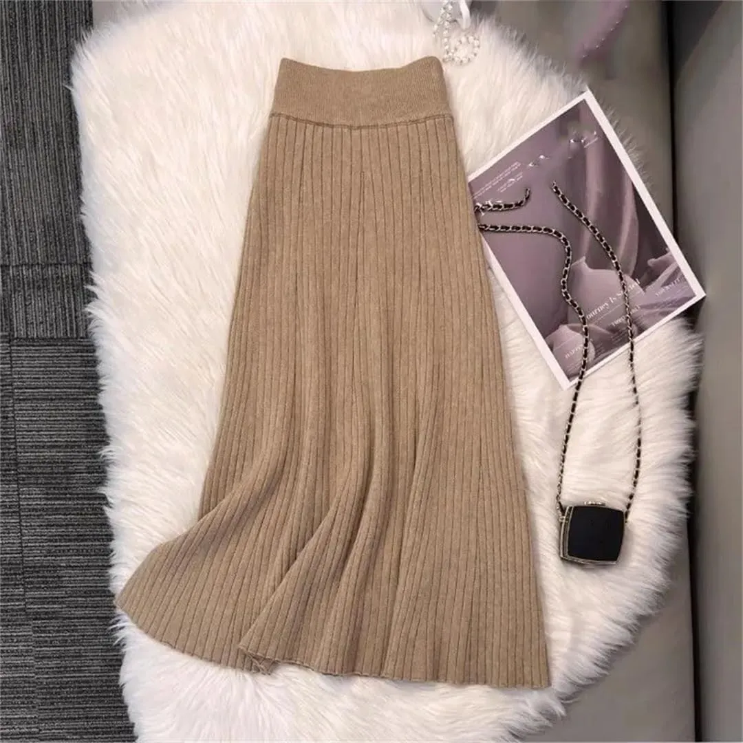 Women's Solid Color Pleated Knit Skirt Stretch High Waist A-Line Office Midi Skirts